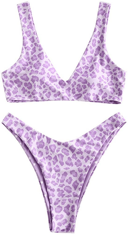ZAFUL Women's Scoop Neck Padded Printed High Cut Bikini Set Two Piece Swimsuit Apparel & Accessories > Clothing > Swimwear ZAFUL B-purple Large 