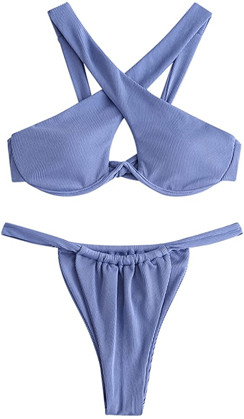 ZAFUL Women's Sexy Push-up Bandage Bikini Criss Cross Swimsuits Cheeky Two Pieces Swimwear Apparel & Accessories > Clothing > Swimwear ZAFUL Blue Medium 