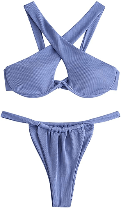 ZAFUL Women's Sexy Push-up Bandage Bikini Criss Cross Swimsuits Cheeky Two Pieces Swimwear Apparel & Accessories > Clothing > Swimwear ZAFUL Blue Medium 