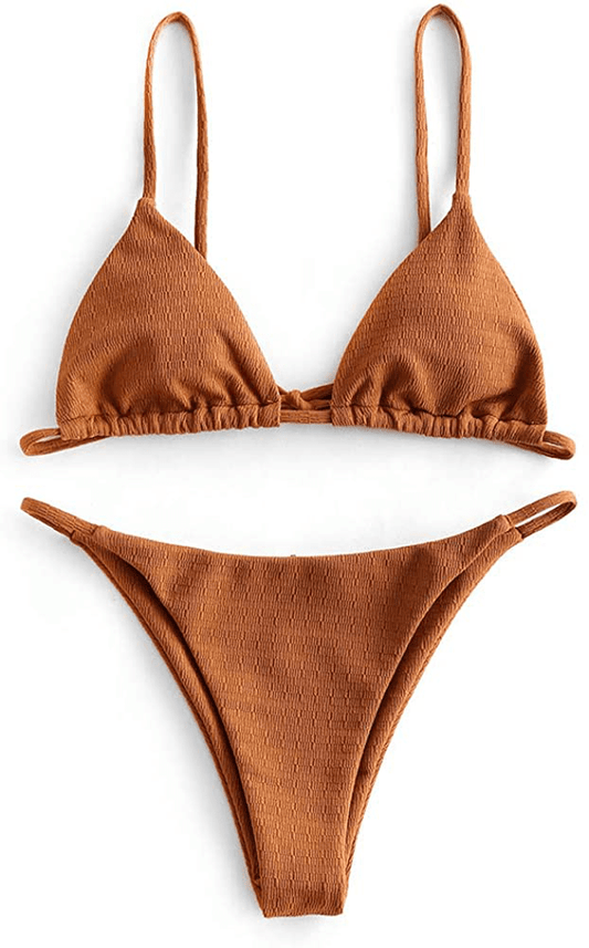 ZAFUL Women'S Sexy Spaghetti Strap Smocked String Triangle 2 Piece Bikini Set Swimsuits Apparel & Accessories > Clothing > Swimwear Kylie Max   