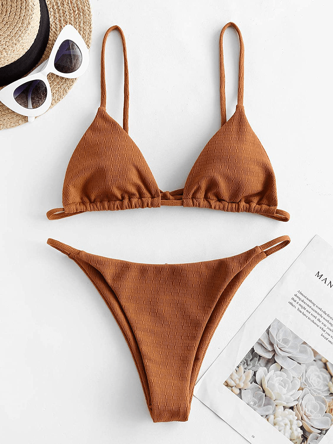 ZAFUL Women'S Sexy Spaghetti Strap Smocked String Triangle 2 Piece Bikini Set Swimsuits Apparel & Accessories > Clothing > Swimwear Kylie Max   