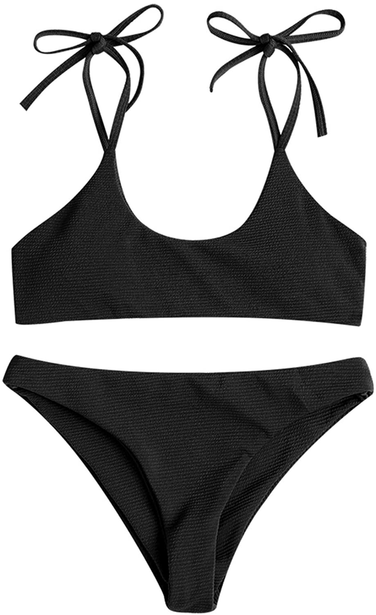 ZAFUL Women's Sexy Tie Shoulders Ribbed Bikini Set Padded Strap Triangle Swimsuit Apparel & Accessories > Clothing > Swimwear ZAFUL Black2 Small 