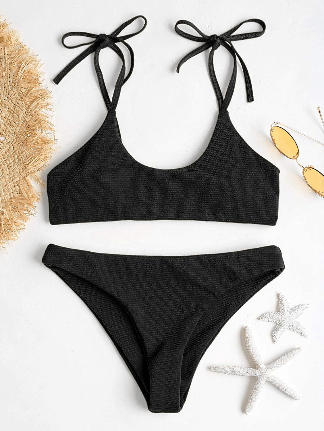ZAFUL Women's Sexy Tie Shoulders Ribbed Bikini Set Padded Strap Triangle Swimsuit Apparel & Accessories > Clothing > Swimwear ZAFUL   