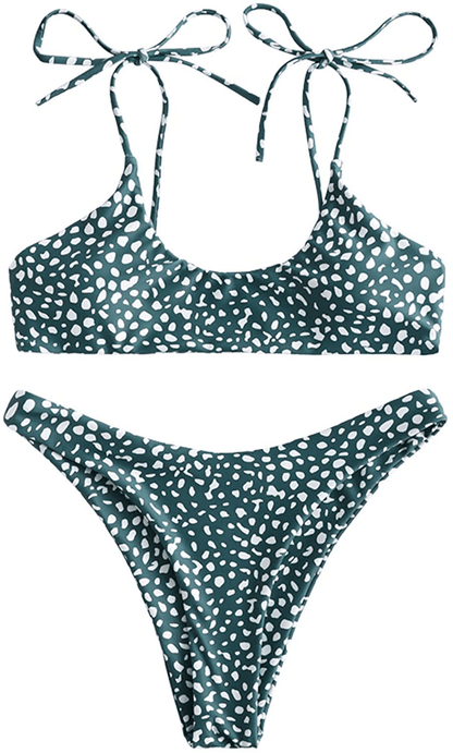 ZAFUL Women's Sexy Tie Shoulders Ribbed Bikini Set Padded Strap Triangle Swimsuit Apparel & Accessories > Clothing > Swimwear ZAFUL Green Medium 