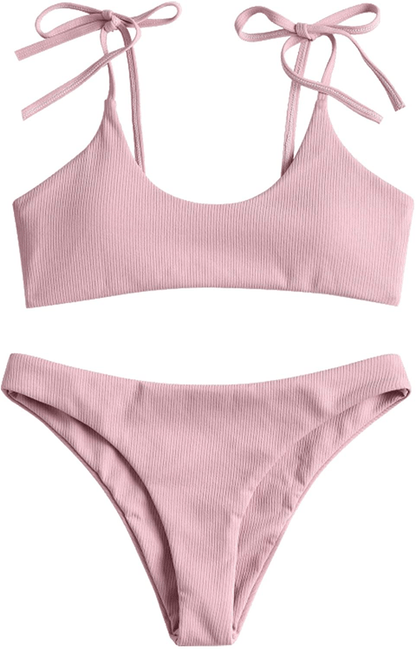 ZAFUL Women's Sexy Tie Shoulders Ribbed Bikini Set Padded Strap Triangle Swimsuit Apparel & Accessories > Clothing > Swimwear ZAFUL Pink Medium 