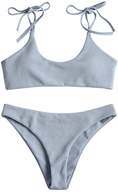 ZAFUL Women's Sexy Tie Shoulders Ribbed Bikini Set Padded Strap Triangle Swimsuit Apparel & Accessories > Clothing > Swimwear ZAFUL Blue Medium 