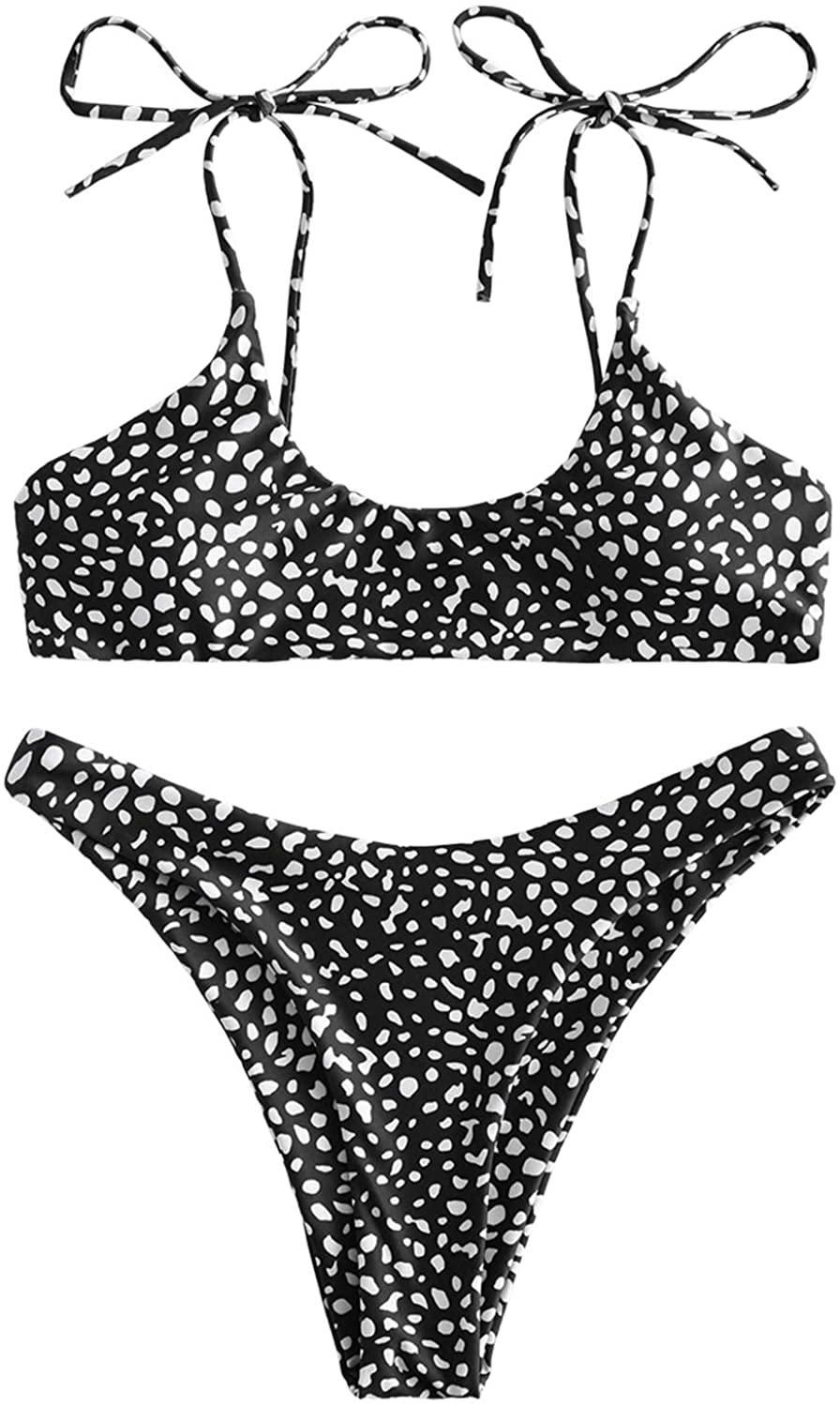 ZAFUL Women's Sexy Tie Shoulders Ribbed Bikini Set Padded Strap Triangle Swimsuit Apparel & Accessories > Clothing > Swimwear ZAFUL Black Small 