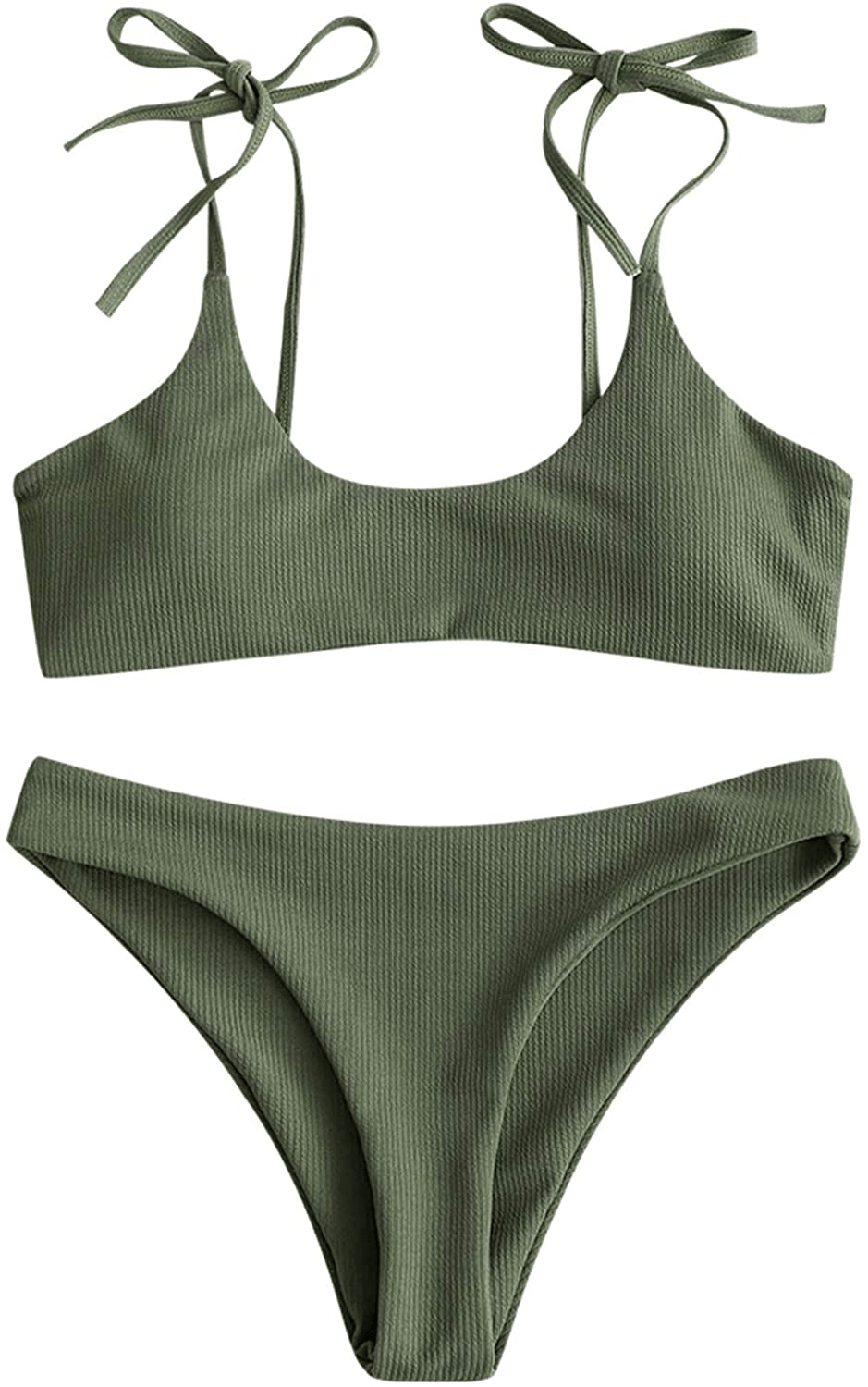 ZAFUL Women's Sexy Tie Shoulders Ribbed Bikini Set Padded Strap Triangle Swimsuit Apparel & Accessories > Clothing > Swimwear ZAFUL Green1 Medium 