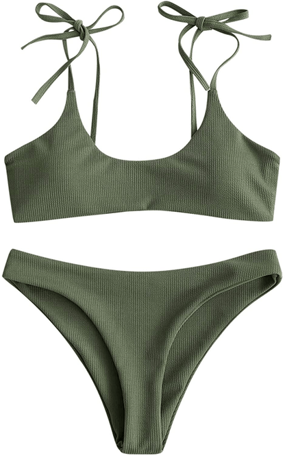 ZAFUL Women's Sexy Tie Shoulders Ribbed Bikini Set Padded Strap Triangle Swimsuit Apparel & Accessories > Clothing > Swimwear ZAFUL Green1 Medium 