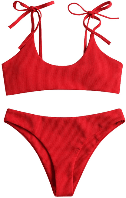 ZAFUL Women's Sexy Tie Shoulders Ribbed Bikini Set Padded Strap Triangle Swimsuit Apparel & Accessories > Clothing > Swimwear ZAFUL Red Small 