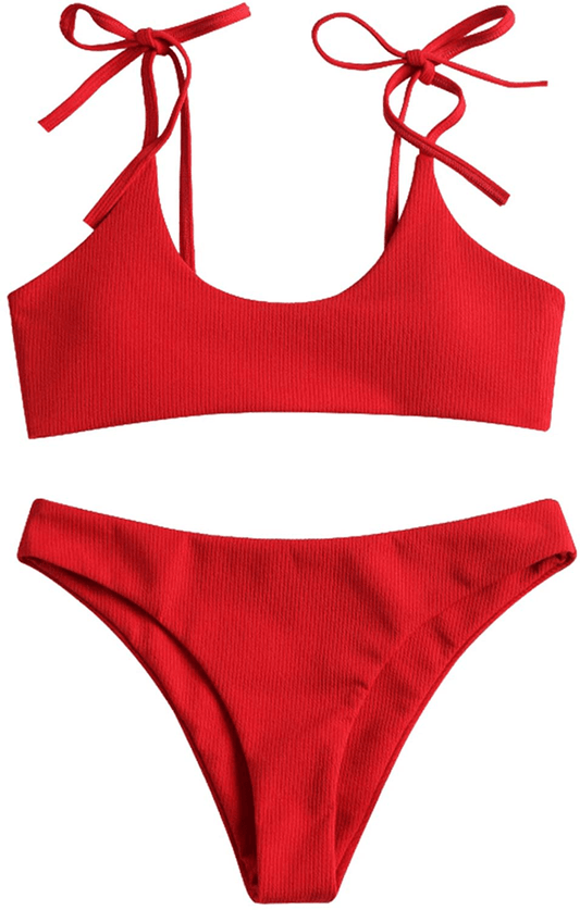 ZAFUL Women's Sexy Tie Shoulders Ribbed Bikini Set Padded Strap Triangle Swimsuit Apparel & Accessories > Clothing > Swimwear ZAFUL Red Small 
