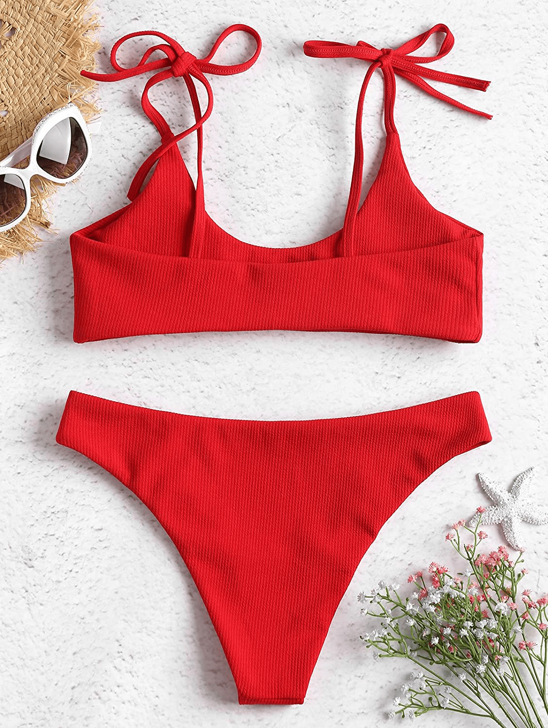 ZAFUL Women's Sexy Tie Shoulders Ribbed Bikini Set Padded Strap Triangle Swimsuit Apparel & Accessories > Clothing > Swimwear ZAFUL   