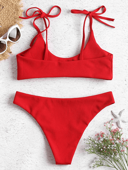 ZAFUL Women's Sexy Tie Shoulders Ribbed Bikini Set Padded Strap Triangle Swimsuit Apparel & Accessories > Clothing > Swimwear ZAFUL   