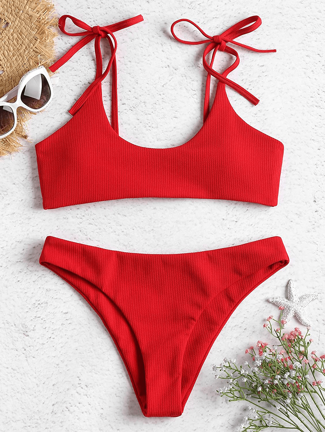ZAFUL Women's Sexy Tie Shoulders Ribbed Bikini Set Padded Strap Triangle Swimsuit Apparel & Accessories > Clothing > Swimwear ZAFUL   