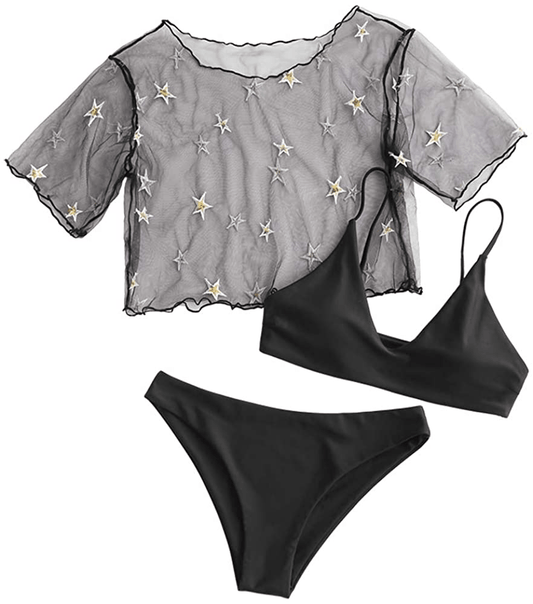 ZAFUL Women's Solid Spaghetti Strap Bralette Bikini Set Two Piece Swimsuit Apparel & Accessories > Clothing > Swimwear ZAFUL 3 Piece-black Small 