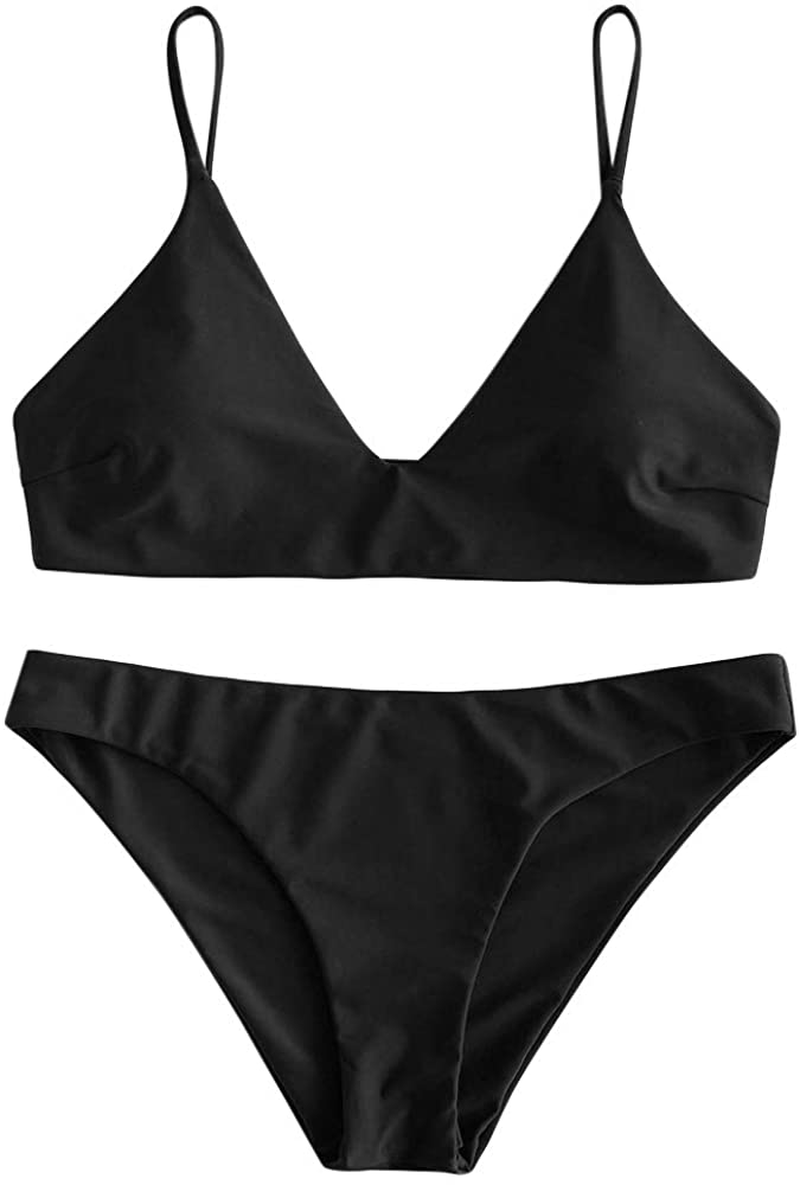 ZAFUL Women's Solid Spaghetti Strap Bralette Bikini Set Two Piece Swimsuit Apparel & Accessories > Clothing > Swimwear ZAFUL A-black Medium 