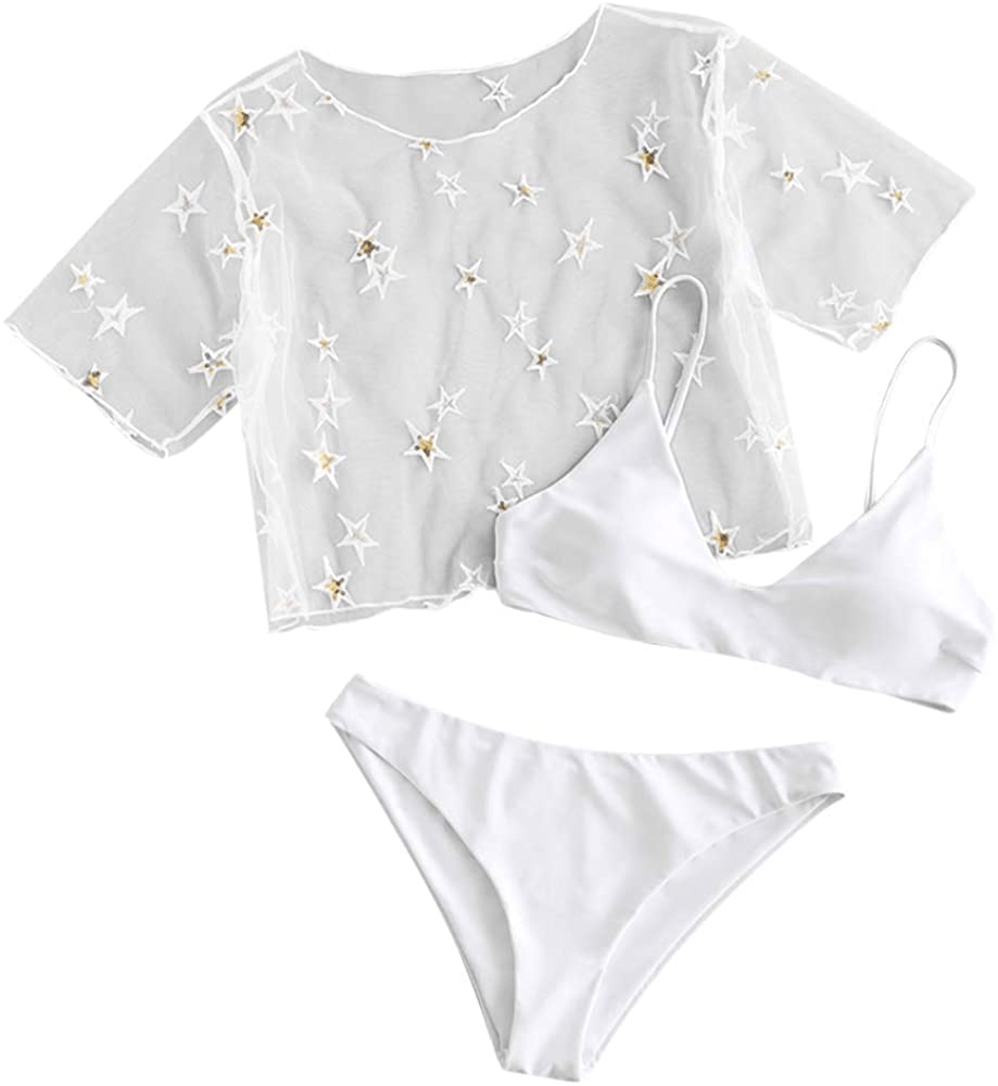 ZAFUL Women's Solid Spaghetti Strap Bralette Bikini Set Two Piece Swimsuit Apparel & Accessories > Clothing > Swimwear ZAFUL 3 Piece-white Small 