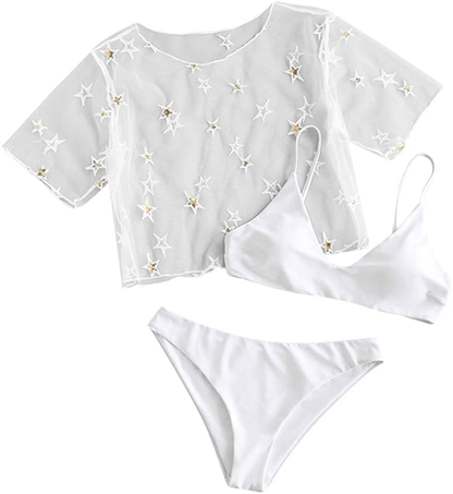 ZAFUL Women's Solid Spaghetti Strap Bralette Bikini Set Two Piece Swimsuit Apparel & Accessories > Clothing > Swimwear ZAFUL 3 Piece-white Small 