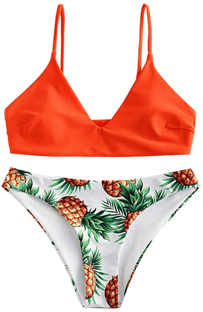 ZAFUL Women's Solid Spaghetti Strap Bralette Bikini Set Two Piece Swimsuit Apparel & Accessories > Clothing > Swimwear ZAFUL Pineapple-orange Medium 