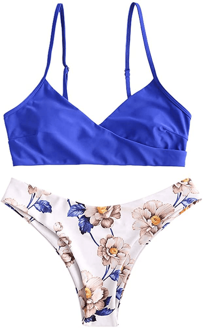 ZAFUL Women's Solid Spaghetti Strap Bralette Bikini Set Two Piece Swimsuit Apparel & Accessories > Clothing > Swimwear ZAFUL Floral-deep Blue Small 