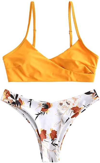 ZAFUL Women's Solid Spaghetti Strap Bralette Bikini Set Two Piece Swimsuit Apparel & Accessories > Clothing > Swimwear ZAFUL Floral-white Large 