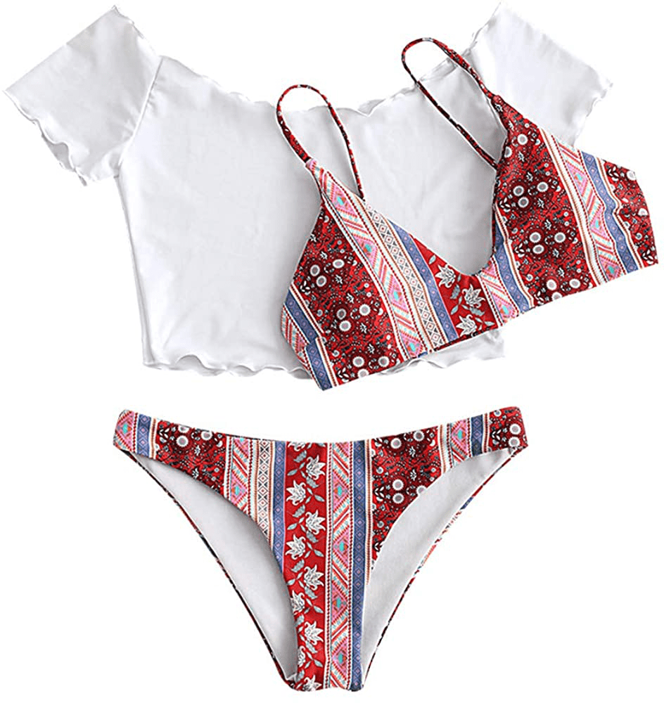 ZAFUL Women's Solid Spaghetti Strap Bralette Bikini Set Two Piece Swimsuit Apparel & Accessories > Clothing > Swimwear ZAFUL 3 Piece-bohemian Medium 