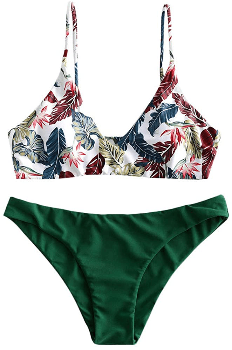 ZAFUL Women's Solid Spaghetti Strap Bralette Bikini Set Two Piece Swimsuit Apparel & Accessories > Clothing > Swimwear ZAFUL Green Floral Large 