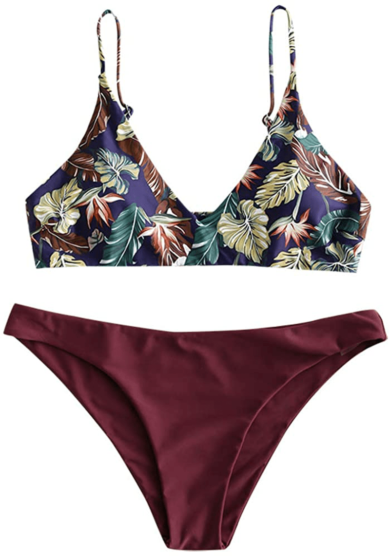 ZAFUL Women's Solid Spaghetti Strap Bralette Bikini Set Two Piece Swimsuit Apparel & Accessories > Clothing > Swimwear ZAFUL Wine Red Floral Large 