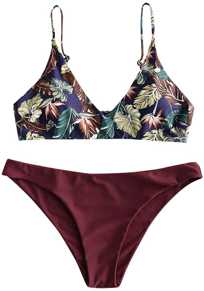 ZAFUL Women's Solid Spaghetti Strap Bralette Bikini Set Two Piece Swimsuit Apparel & Accessories > Clothing > Swimwear ZAFUL Wine Red Floral Large 