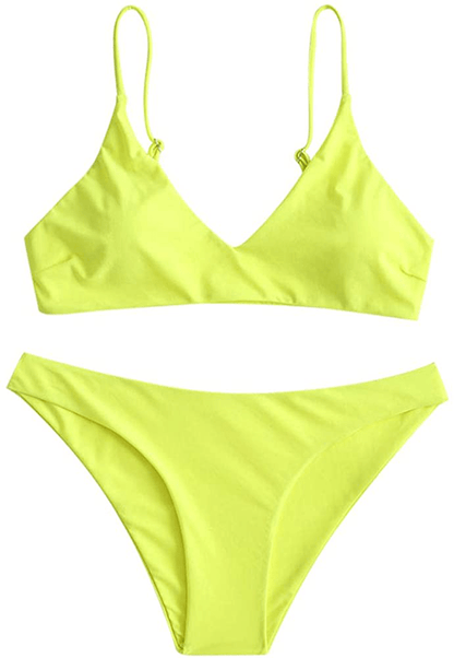 ZAFUL Women's Solid Spaghetti Strap Bralette Bikini Set Two Piece Swimsuit Apparel & Accessories > Clothing > Swimwear ZAFUL Tea Green Small 