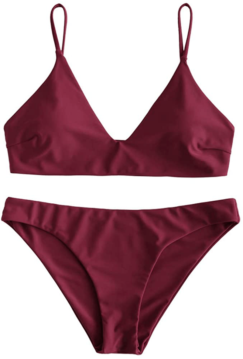 ZAFUL Women's Solid Spaghetti Strap Bralette Bikini Set Two Piece Swimsuit Apparel & Accessories > Clothing > Swimwear ZAFUL Wine Red Medium 