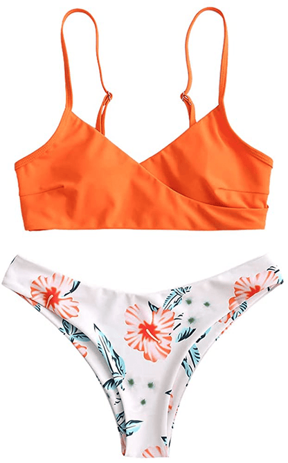 ZAFUL Women's Solid Spaghetti Strap Bralette Bikini Set Two Piece Swimsuit Apparel & Accessories > Clothing > Swimwear ZAFUL Floral-orange Medium 