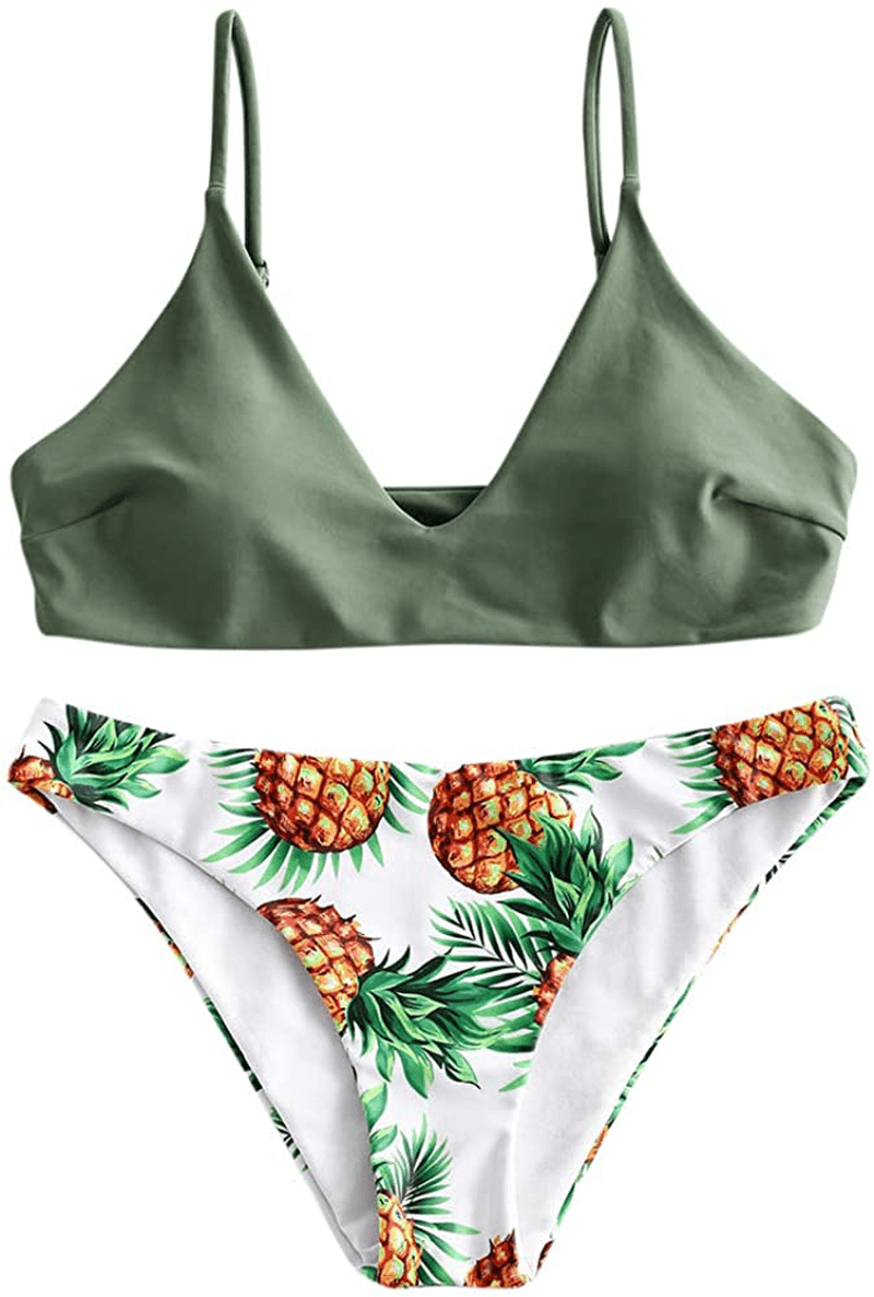 ZAFUL Women's Solid Spaghetti Strap Bralette Bikini Set Two Piece Swimsuit Apparel & Accessories > Clothing > Swimwear ZAFUL Pineapple-green Large 