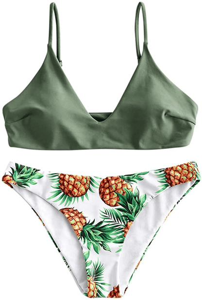 ZAFUL Women's Solid Spaghetti Strap Bralette Bikini Set Two Piece Swimsuit Apparel & Accessories > Clothing > Swimwear ZAFUL Pineapple-green Large 