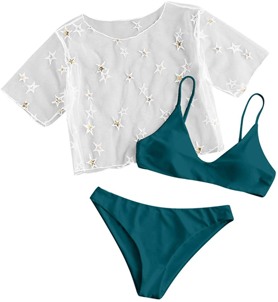 ZAFUL Women's Solid Spaghetti Strap Bralette Bikini Set Two Piece Swimsuit Apparel & Accessories > Clothing > Swimwear ZAFUL 3 Piece-deep Green Small 