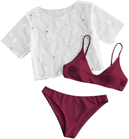 ZAFUL Women's Solid Spaghetti Strap Bralette Bikini Set Two Piece Swimsuit Apparel & Accessories > Clothing > Swimwear ZAFUL 3 Piece-deep Red Large 