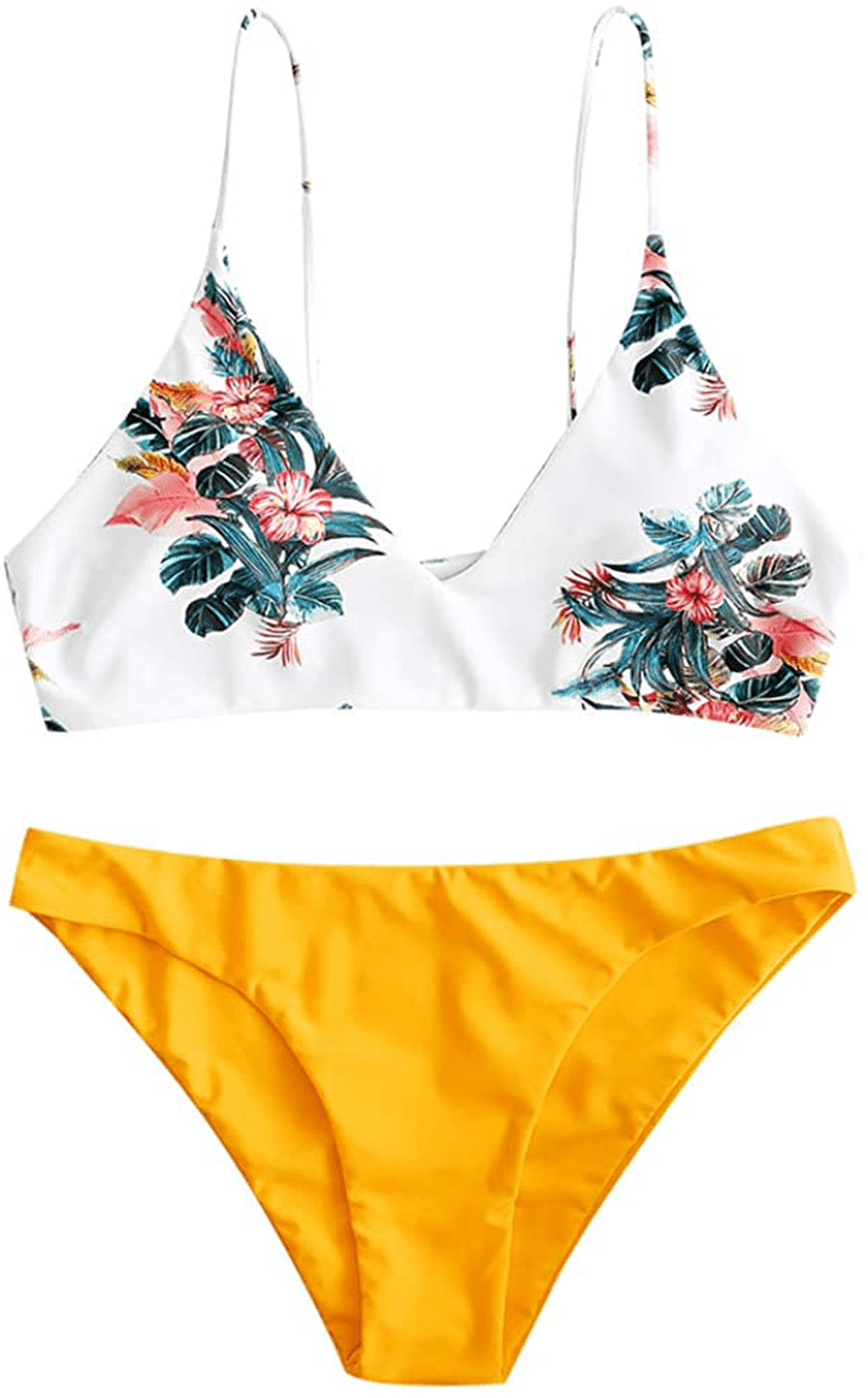 ZAFUL Women's Solid Spaghetti Strap Bralette Bikini Set Two Piece Swimsuit Apparel & Accessories > Clothing > Swimwear ZAFUL Golden Brown Medium 