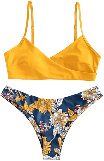 ZAFUL Women's Solid Spaghetti Strap Bralette Bikini Set Two Piece Swimsuit Apparel & Accessories > Clothing > Swimwear ZAFUL Floral-yellow Small 