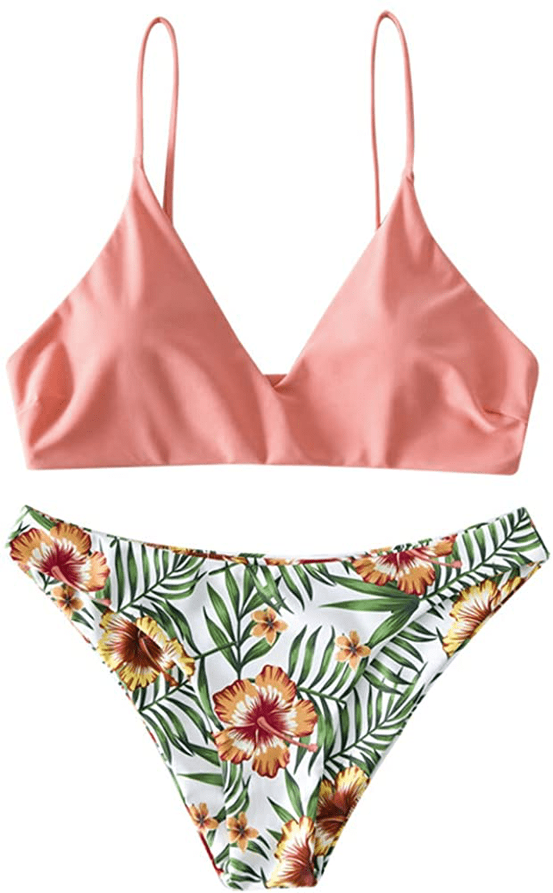 ZAFUL Women's Solid Spaghetti Strap Bralette Bikini Set Two Piece Swimsuit Apparel & Accessories > Clothing > Swimwear ZAFUL Ya-orange Pink Large 