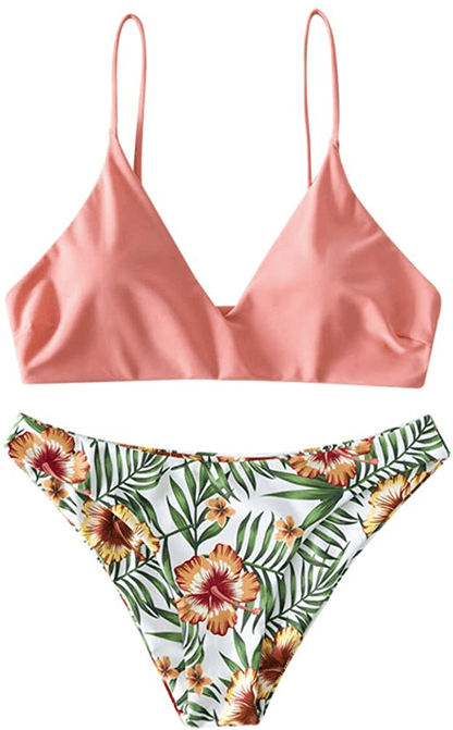 ZAFUL Women's Solid Spaghetti Strap Bralette Bikini Set Two Piece Swimsuit Apparel & Accessories > Clothing > Swimwear ZAFUL Ya-orange Pink Large 