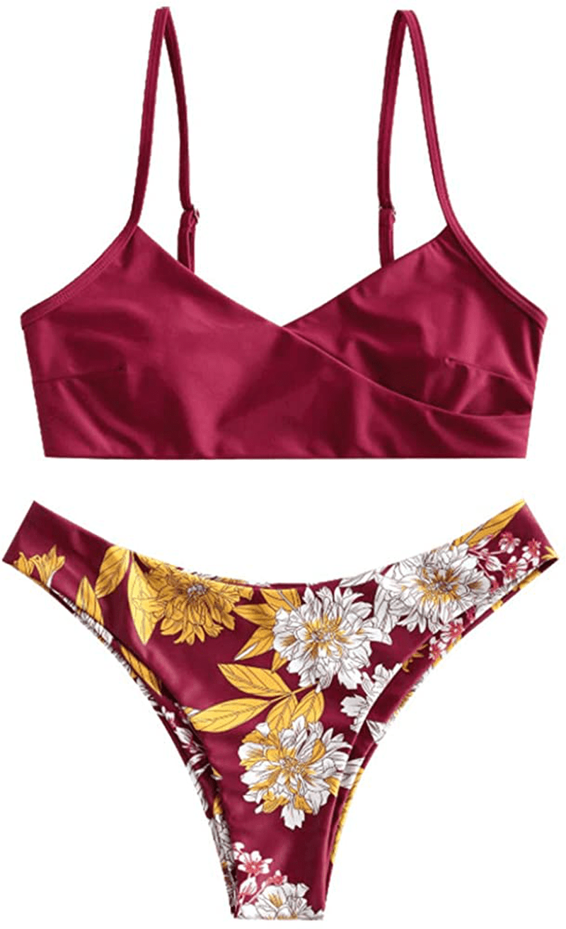 ZAFUL Women's Solid Spaghetti Strap Bralette Bikini Set Two Piece Swimsuit Apparel & Accessories > Clothing > Swimwear ZAFUL Floral-plum Pie Small 
