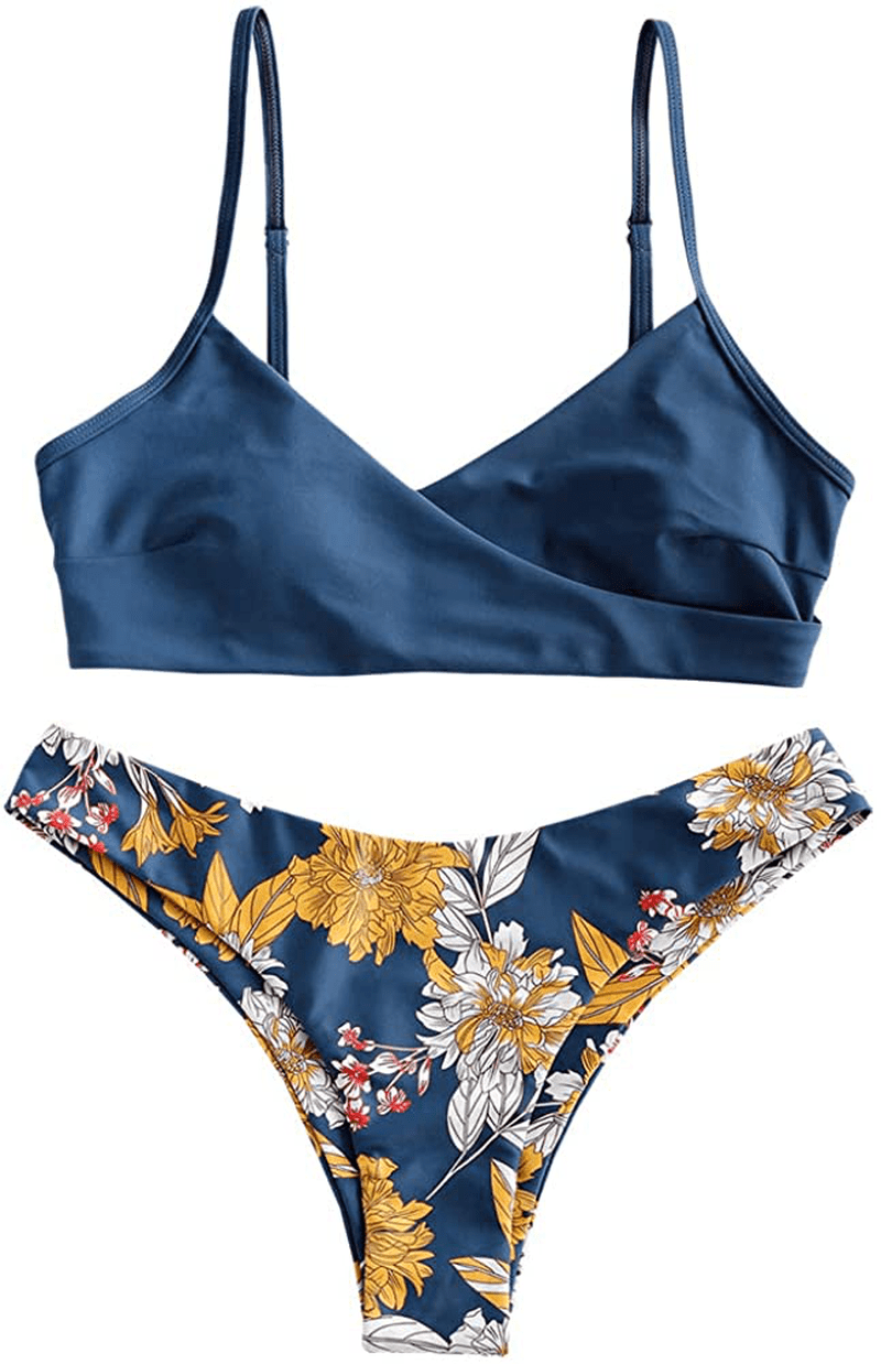ZAFUL Women's Solid Spaghetti Strap Bralette Bikini Set Two Piece Swimsuit Apparel & Accessories > Clothing > Swimwear ZAFUL Floral-blue Small 