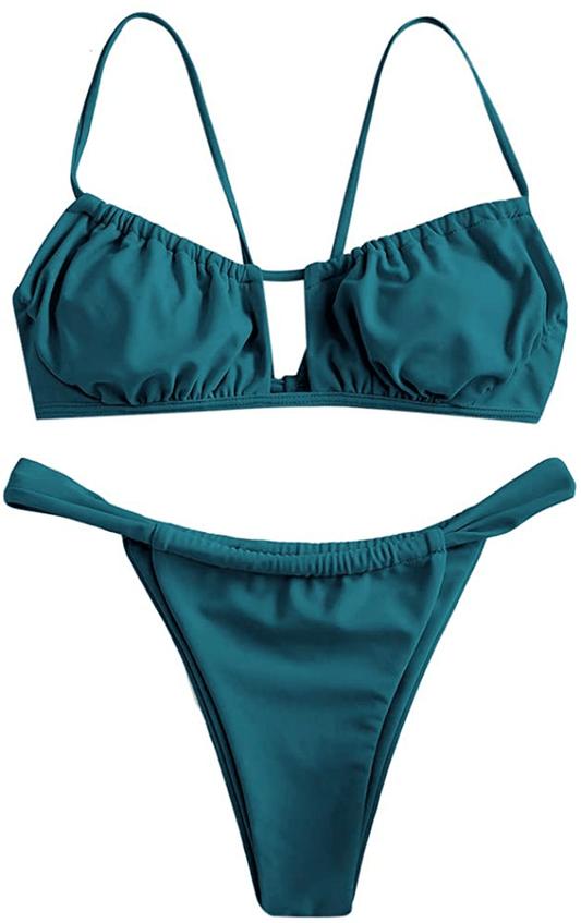 ZAFUL Women's Spaghetti Strap Cutout Keyhole Ruched Tie Cami Bikini Set Swimsuit Apparel & Accessories > Clothing > Swimwear ZAFUL A-peacock Blue Small 