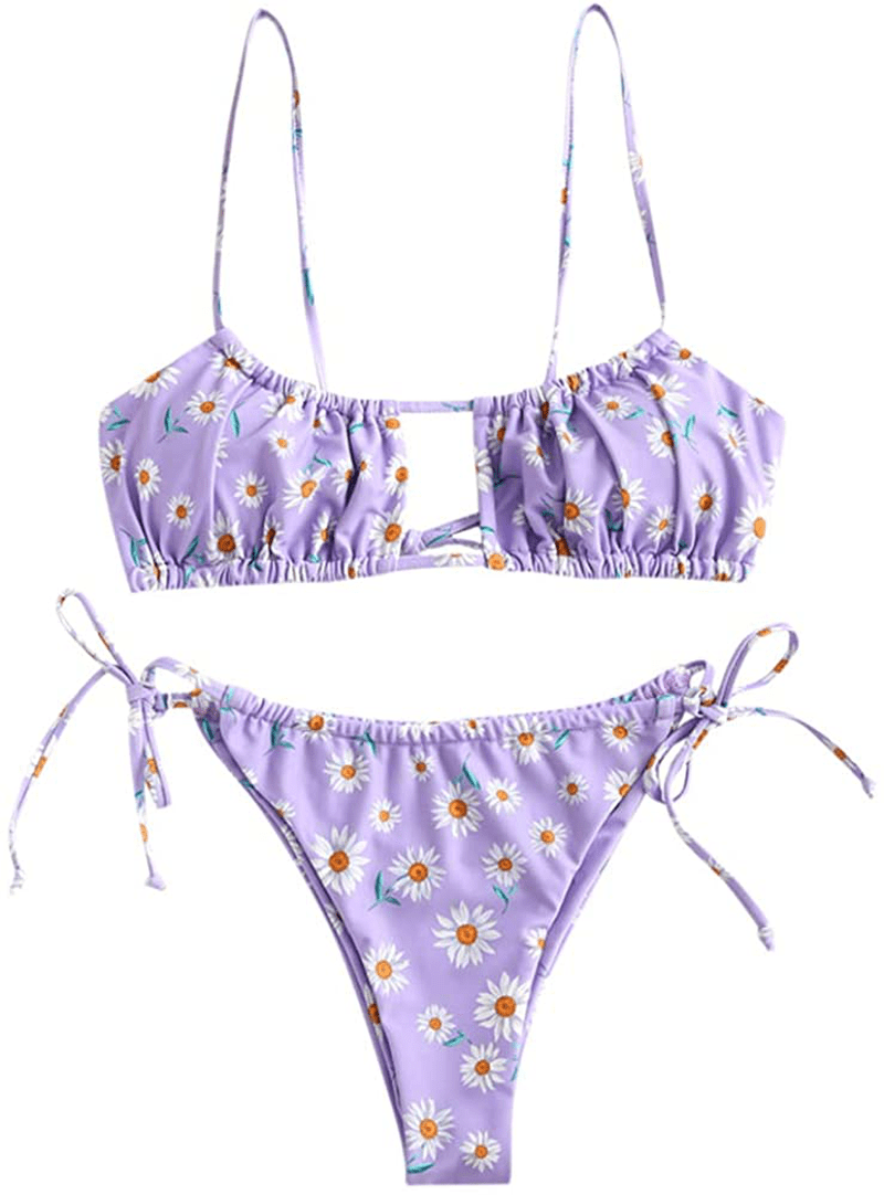 ZAFUL Women's Spaghetti Strap Cutout Keyhole Ruched Tie Cami Bikini Set Swimsuit Apparel & Accessories > Clothing > Swimwear ZAFUL Y-light Purple Large 