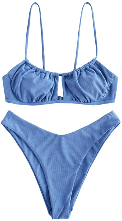 ZAFUL Women's Spaghetti Strap Cutout Keyhole Ruched Tie Cami Bikini Set Swimsuit Apparel & Accessories > Clothing > Swimwear ZAFUL W-light Blue Medium 