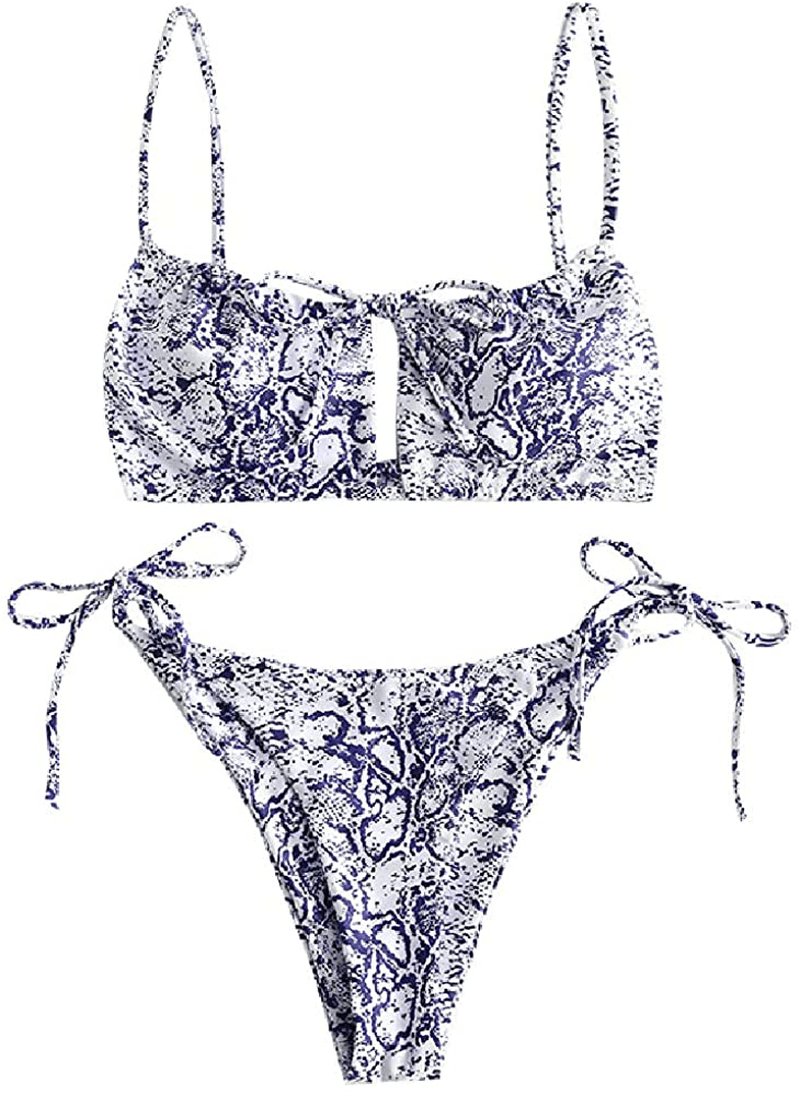 ZAFUL Women's Spaghetti Strap Cutout Keyhole Ruched Tie Cami Bikini Set Swimsuit Apparel & Accessories > Clothing > Swimwear ZAFUL O-silk Blue Medium 