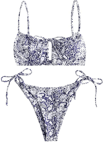 ZAFUL Women's Spaghetti Strap Cutout Keyhole Ruched Tie Cami Bikini Set Swimsuit Apparel & Accessories > Clothing > Swimwear ZAFUL O-silk Blue Medium 