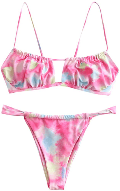 ZAFUL Women's Spaghetti Strap Cutout Keyhole Ruched Tie Cami Bikini Set Swimsuit Apparel & Accessories > Clothing > Swimwear ZAFUL P-multi-a Large 