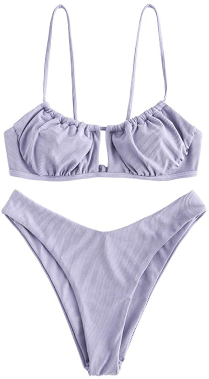 ZAFUL Women's Spaghetti Strap Cutout Keyhole Ruched Tie Cami Bikini Set Swimsuit Apparel & Accessories > Clothing > Swimwear ZAFUL W-light Purple Small 