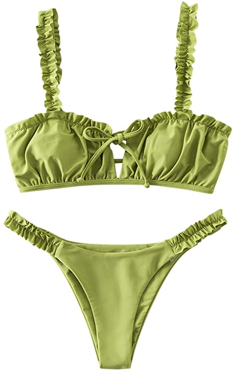 ZAFUL Women's Spaghetti Strap Cutout Keyhole Ruched Tie Cami Bikini Set Swimsuit Apparel & Accessories > Clothing > Swimwear ZAFUL D-green Medium 